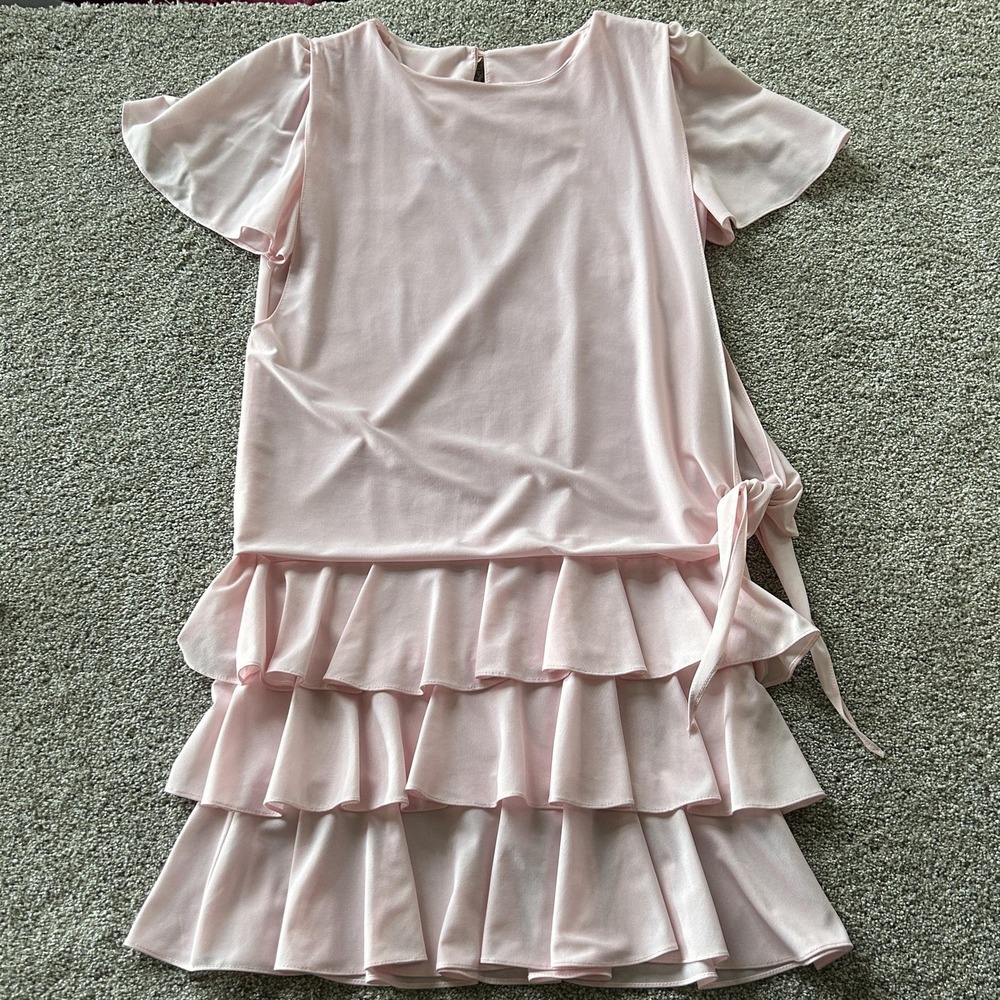 Vintage Dress Womens 14 Pink Solid Flutter Sleeve Drop Waist Ruffle Tiered Party